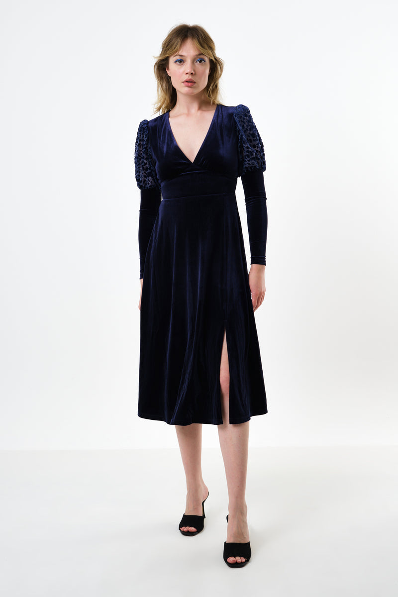 Moa Velvet V-Neck Midi Dress - Navy - Front