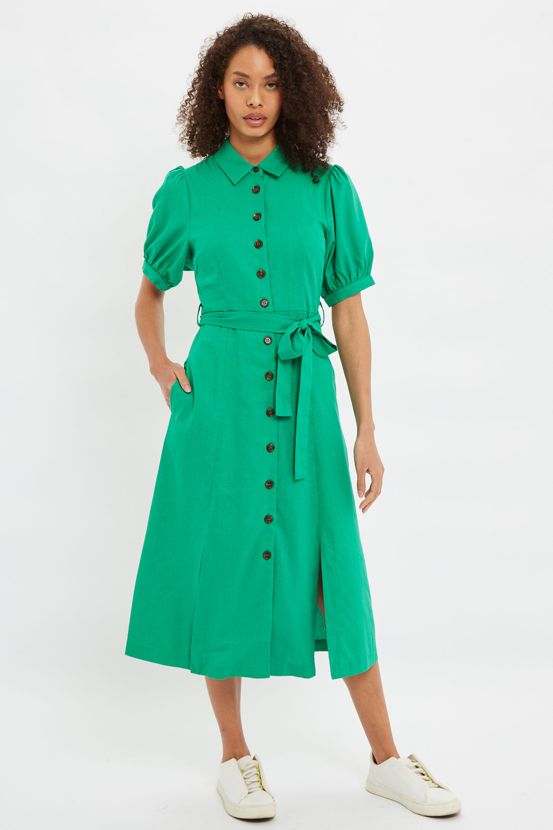 Louche Mollie Button Through Midi Short Sleeve Shirt Dress In Green Louche Mollie Button Through Midi Short Sleeve Shirt Dress In Green