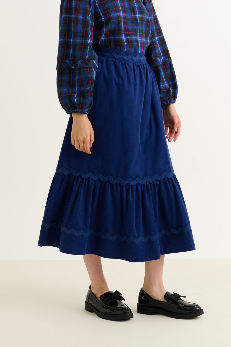 Montana Babycord Ric Rac Trim Tiered Midi Skirt - Navy - Front