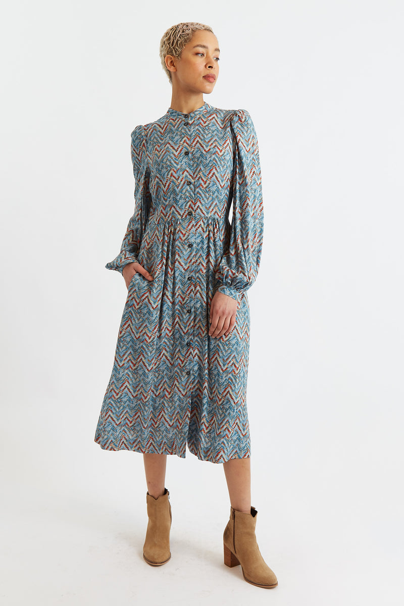 Nayma Art Attack Print Long Sleeve Midi Dress - Duck Egg - Front