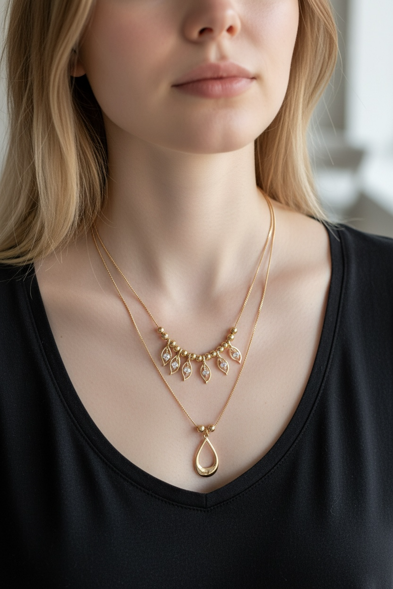 2 Layer Diamanté and Gold Bead Necklace - Front