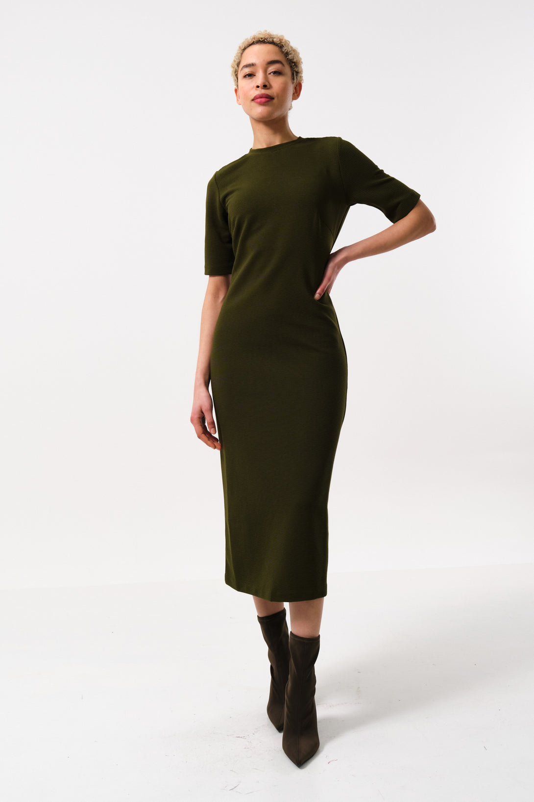 Nila Rib Bodycon Midi Dress - Green Louche Nila Rib Bodycon Midi Dress - Green Louche