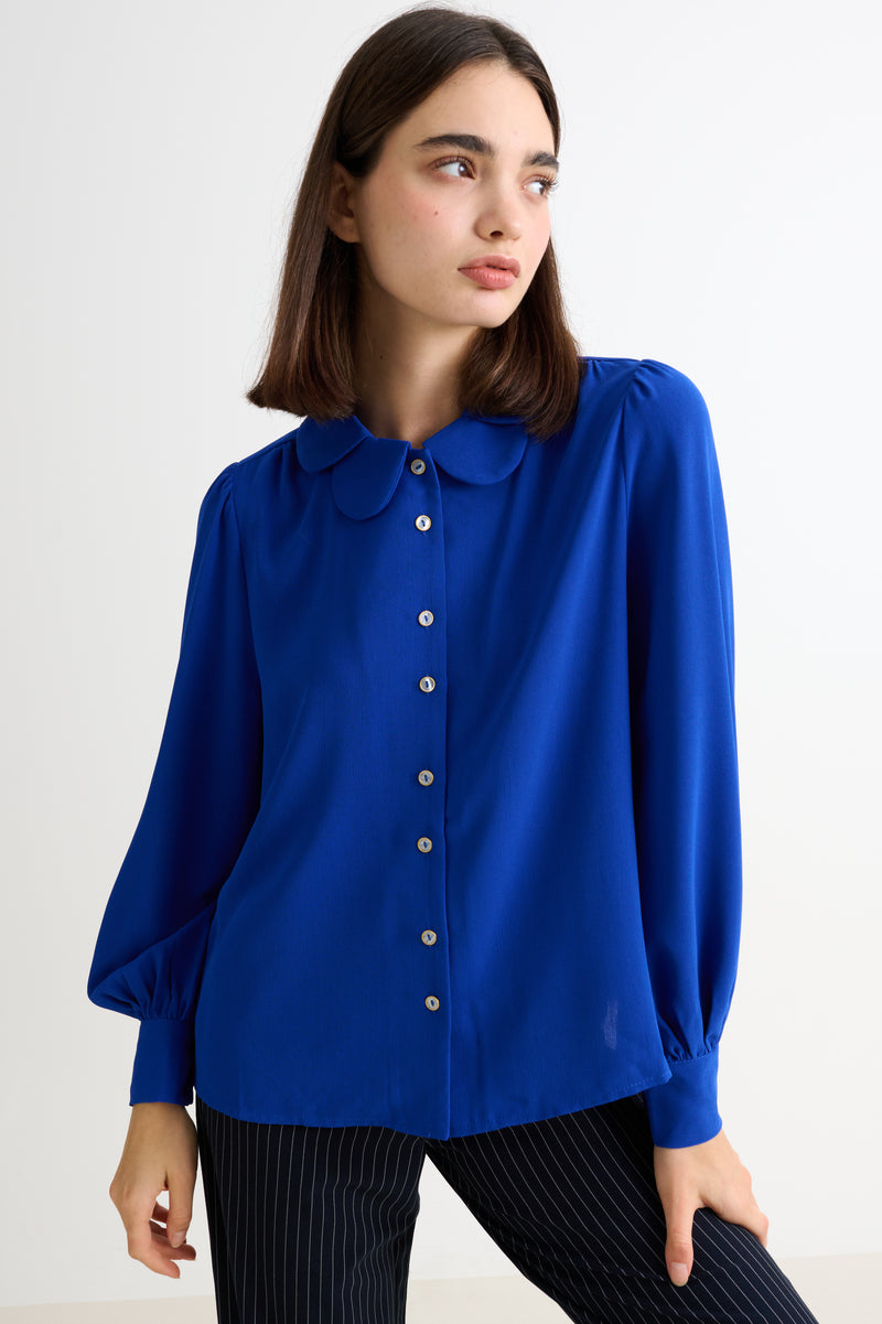Octavia Crepe Petal Collar Shirt - Blue - Front