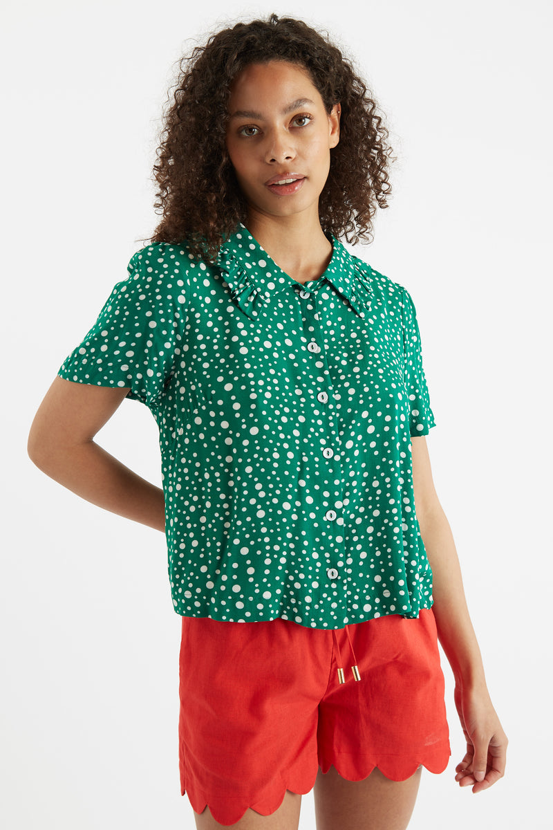 Louche Padma Spot It Print Ruffle Collar Short Sleeve Blouse Green - Front