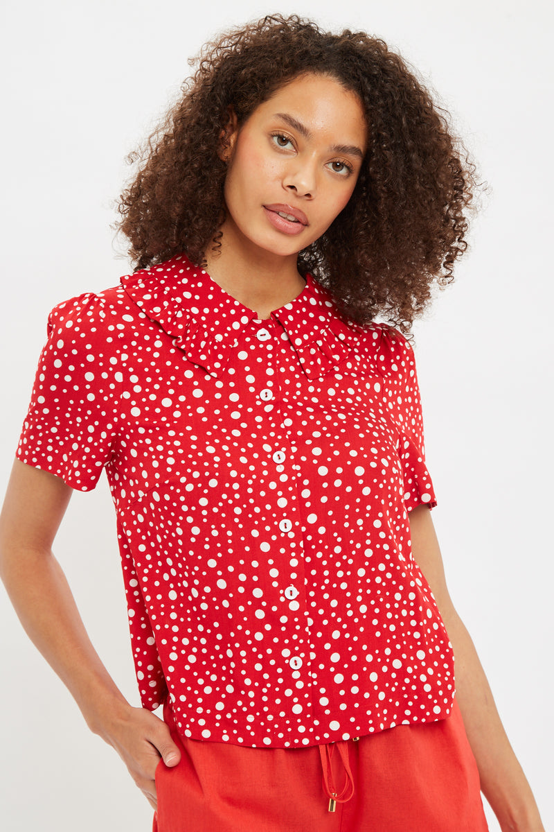 Louche Padma Spot It Print Ruffle Collar Short Sleeve Blouse Red - Front