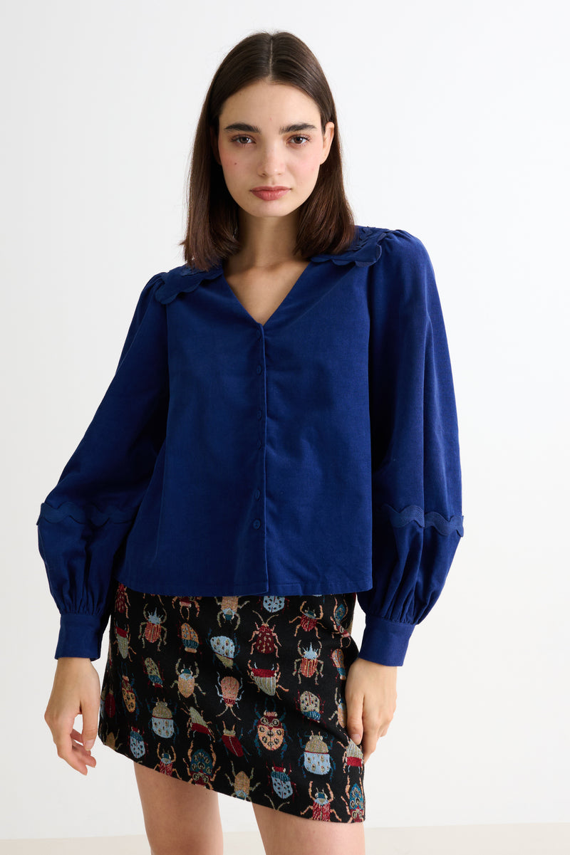 Pallas Babycord Big Collar Ric Rac Trimmed Blouse - Navy - Front