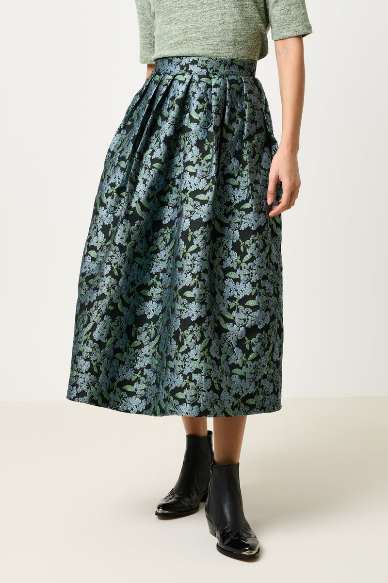Pasadena Blossom Jacquard Midi Skirt - Black - Front