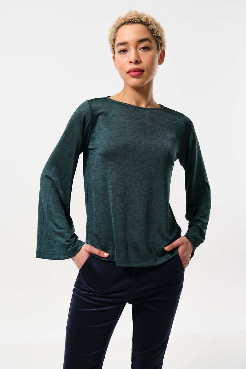 Penny Marl Long Sleeve Top in Green - Front