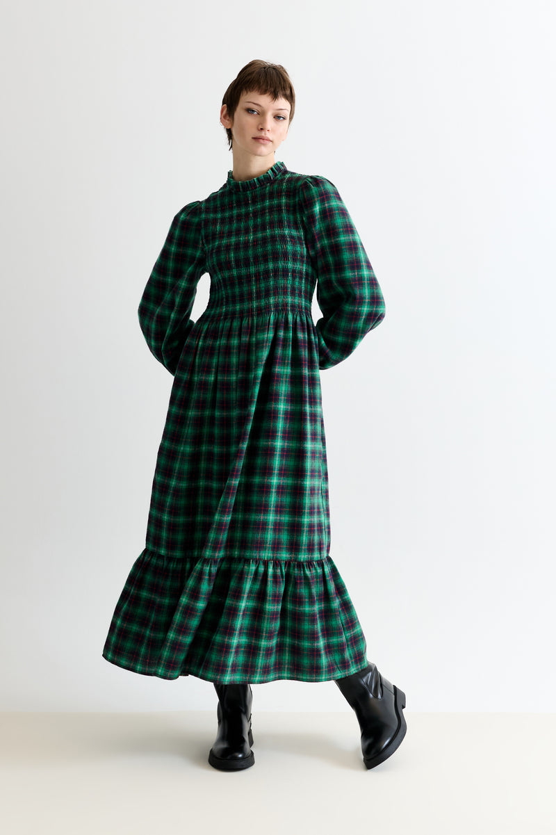 Peppi Winter Check Smocked Bodice Midi Dress - Green - Front