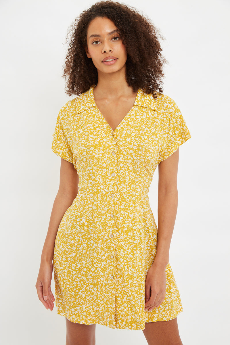 Prudence Micro Blossom Print Short Sleeve Laced Back Mini Dress In Yellow - Front