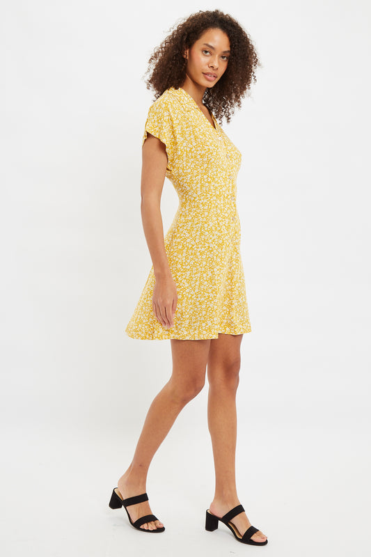 Prudence Micro Blossom Print Short Sleeve Laced Back Mini Dress In Yellow