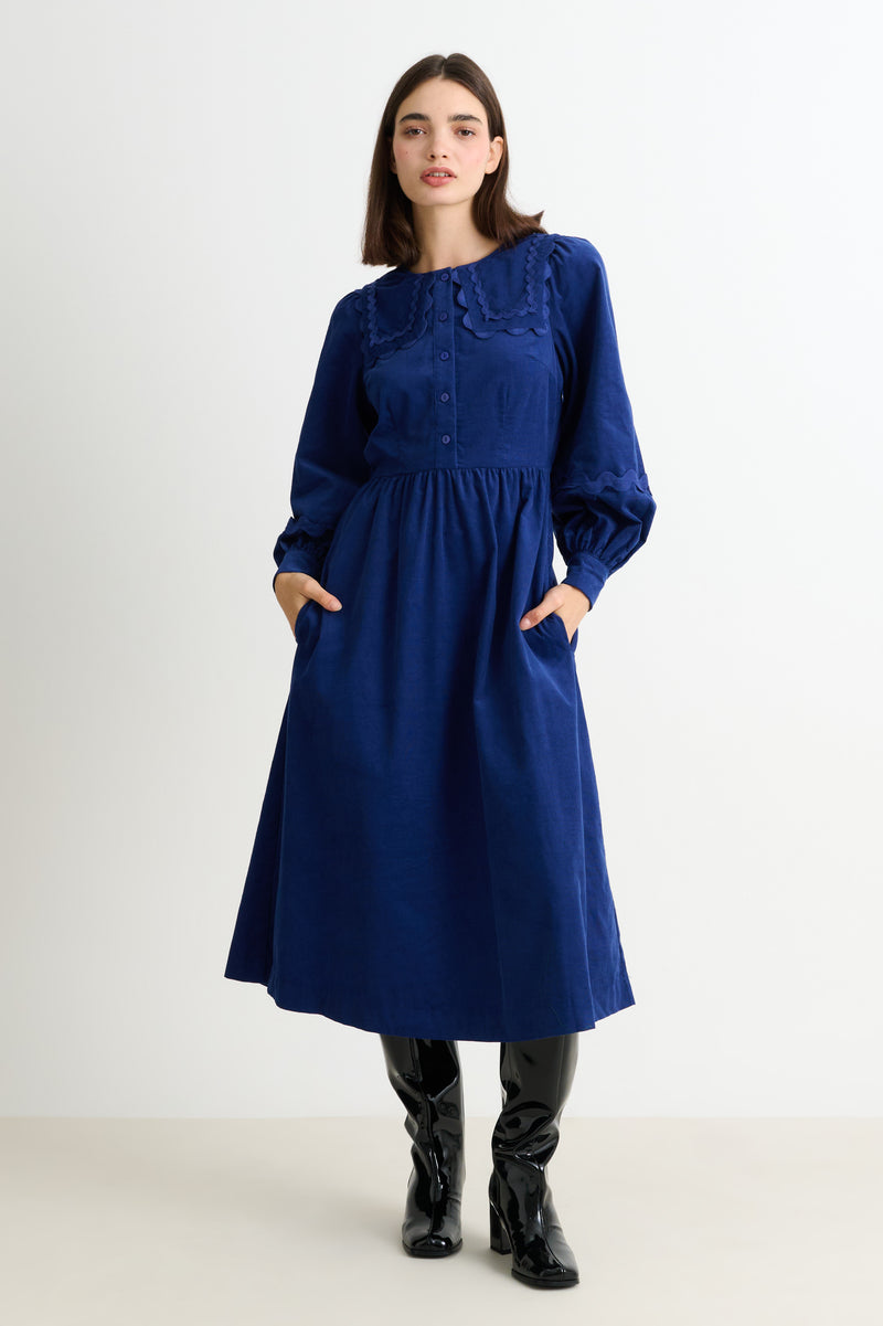 Prudence Babycord Big Collar Ric Rac Trim Midi Dress - Navy - Front