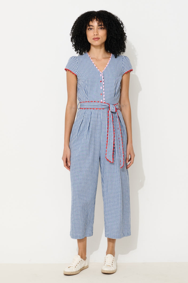 Marleen Gingham Ric Rac Trim Cropped Jumpsuit - Blue - Front