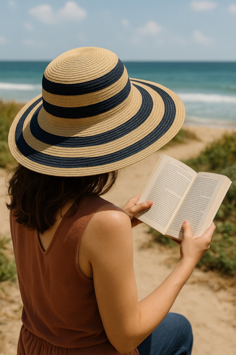 Cailin Natural and Navy Striped Straw Hat - Front