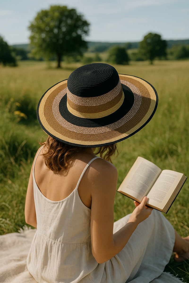 Delinda Black,Gold,And,Natural Striped Straw Hat - Front