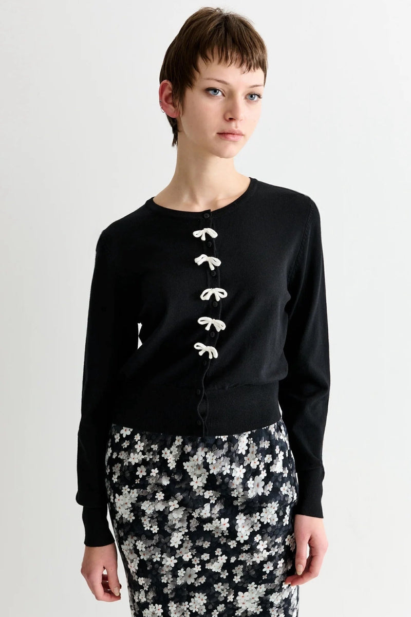 Ives Bow Trimmed Cardigan - Black - Front