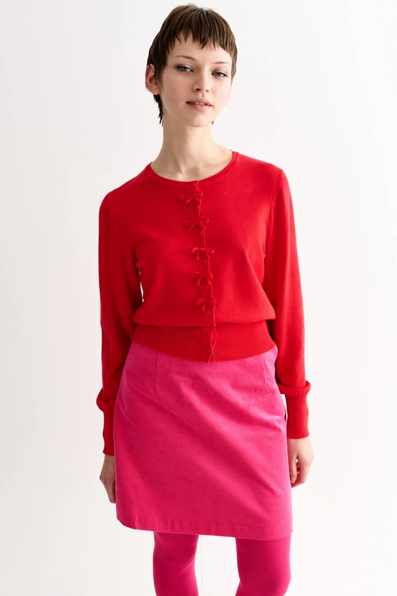 Ives Bow Trimmed Cardigan - Red - Front