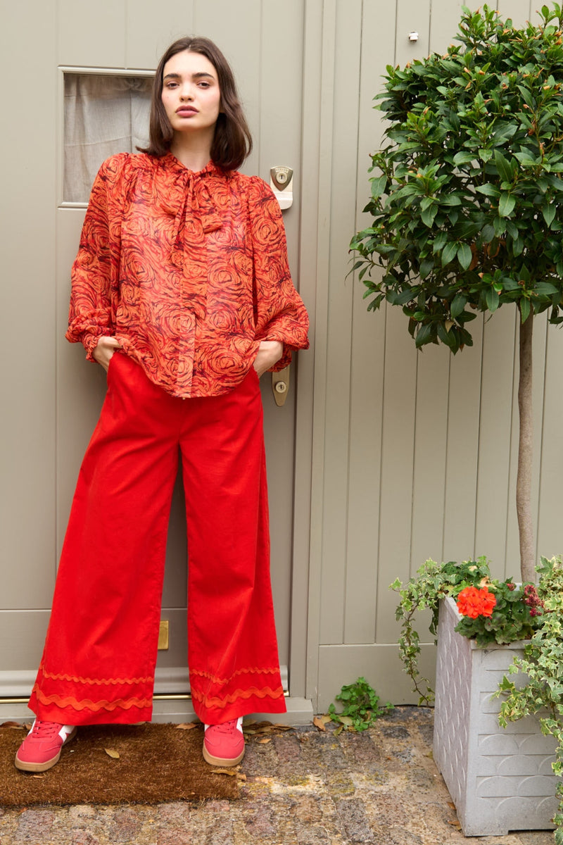 River Babycord Ric Rac Trim Wide Leg Trouser - Red - Front