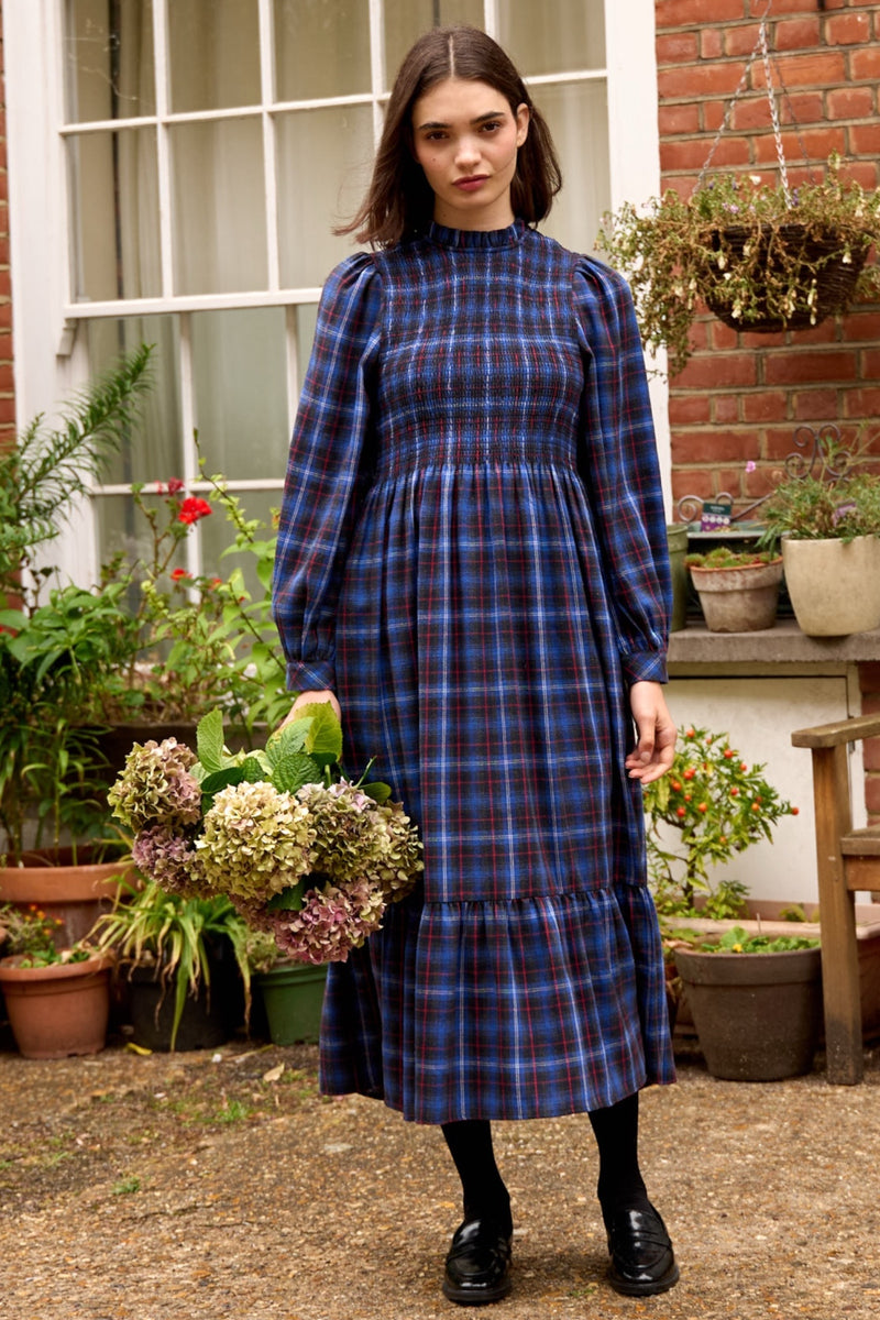 Peppi Winter Check Smocked Bodice Midi Dress - Blue - Front