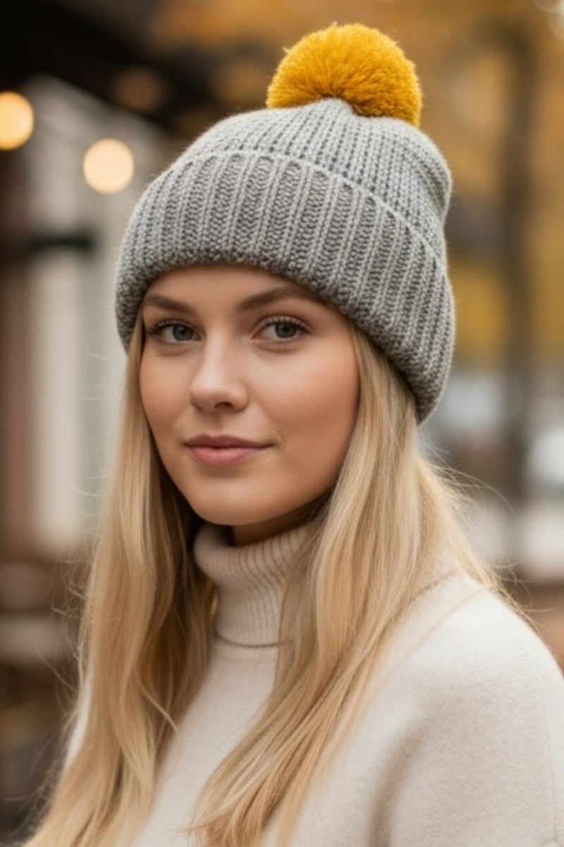 Brooklyn LIght Grey  Beanie With Mustard Pom Pom - Front
