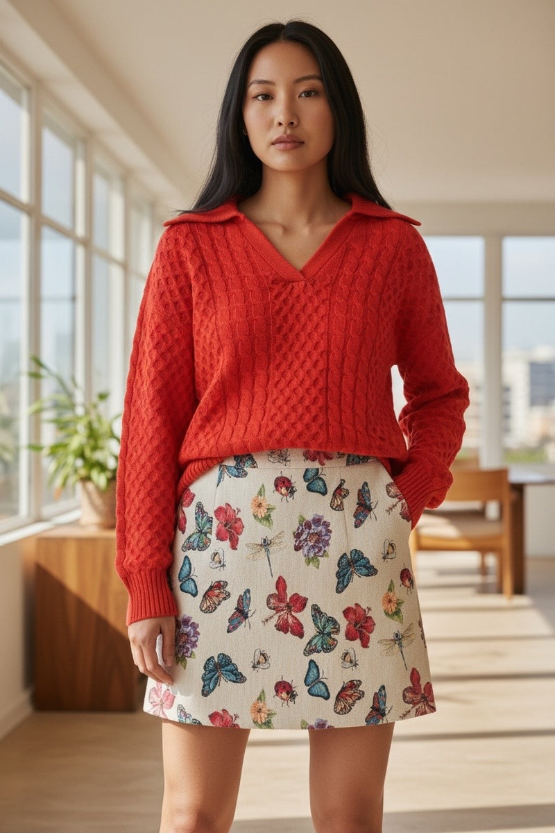 Jamie Cable Collar Jumper - Red - Front