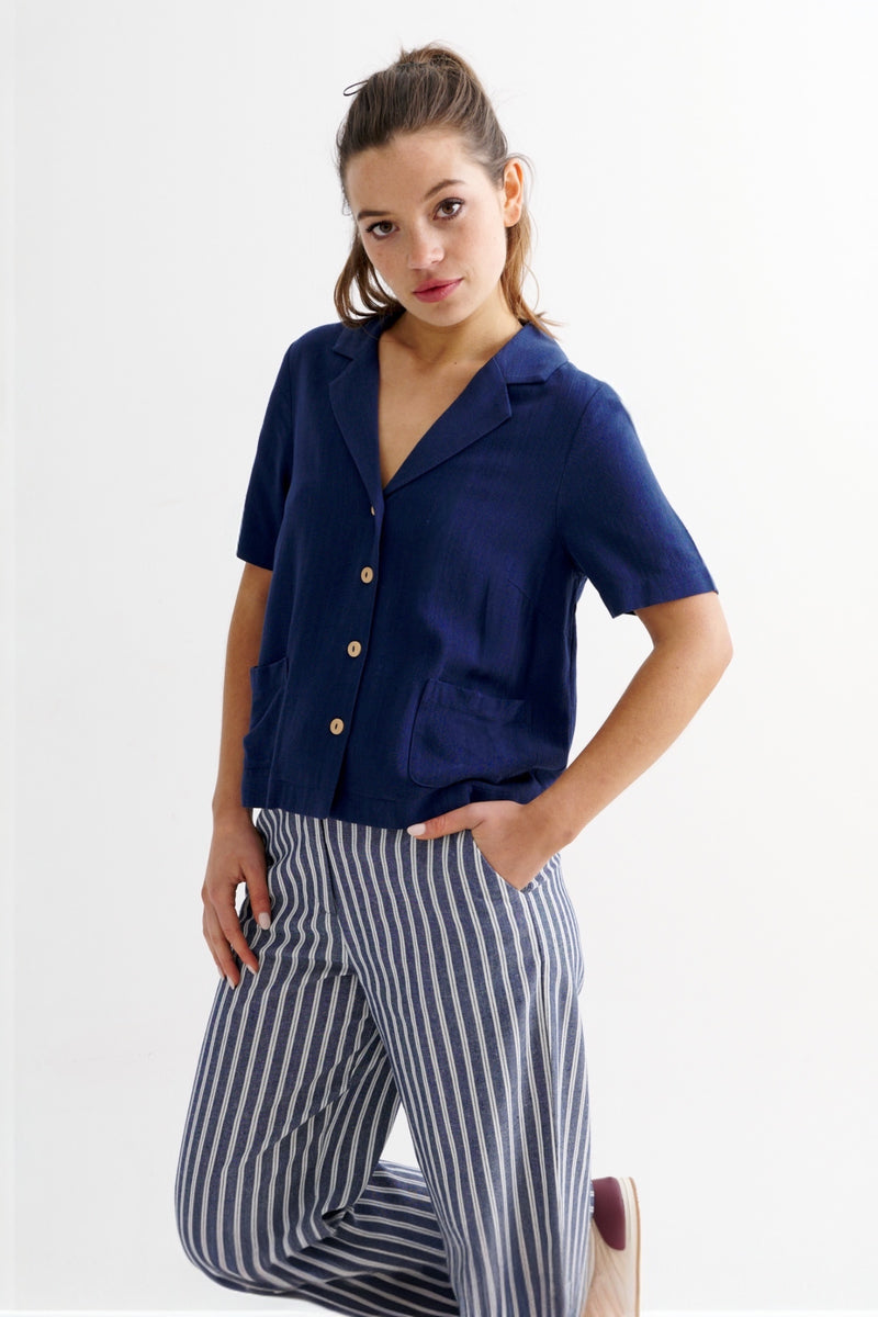 Kit Linen Mix 2 Pocket Short Sleeve Shirt- Navy - Front
