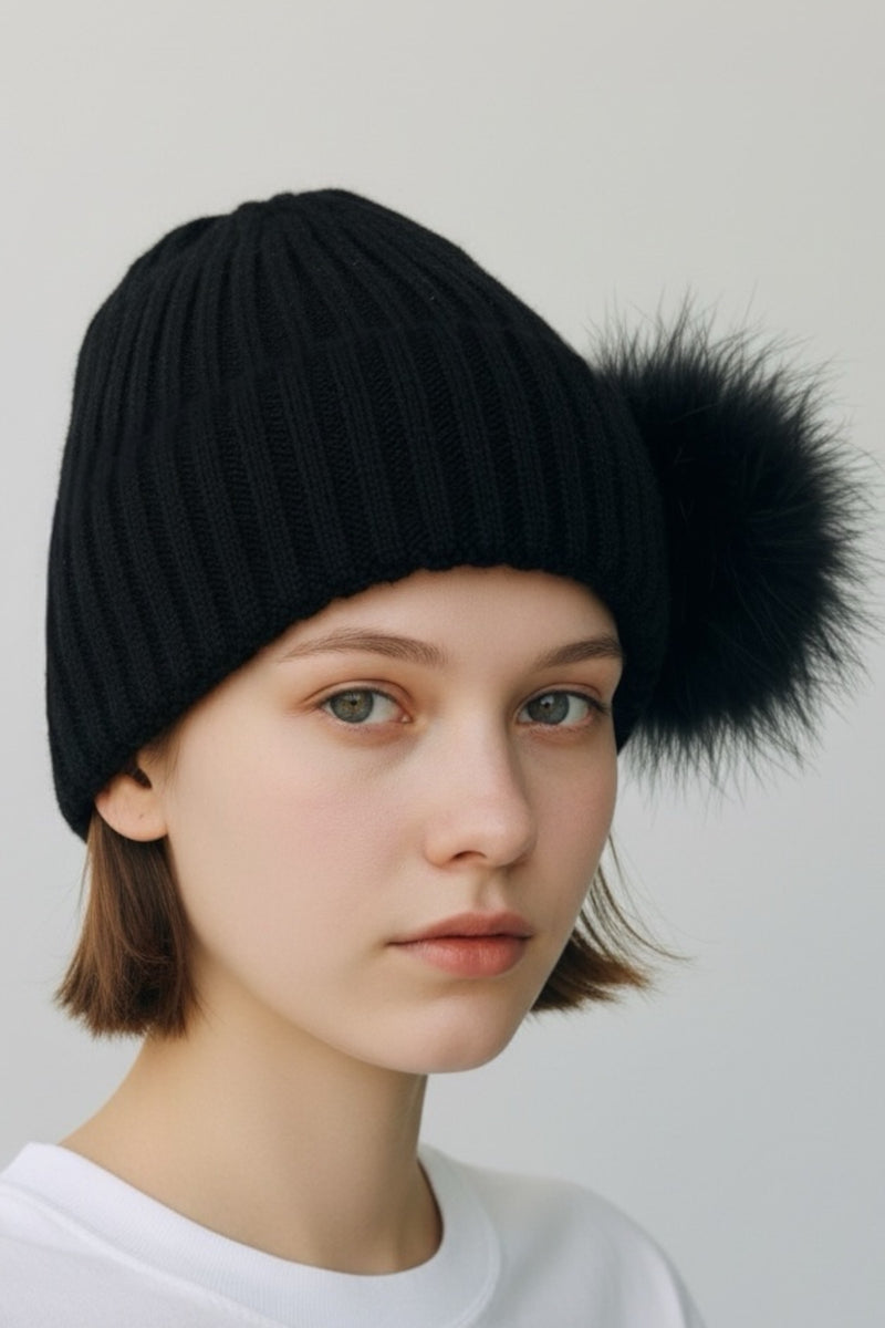 Betty Black Beanie With Feather PomPom - Front
