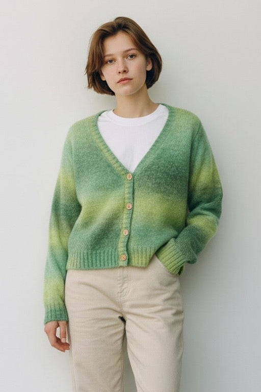 Thao V Neck Space Dyed Cardigan - Front