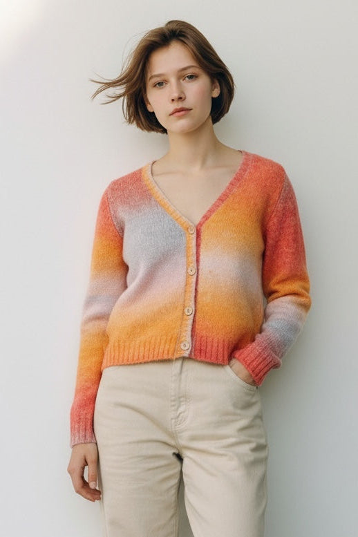 Louche Thao V Neck Space Dyed Cardigan in Orange - Front