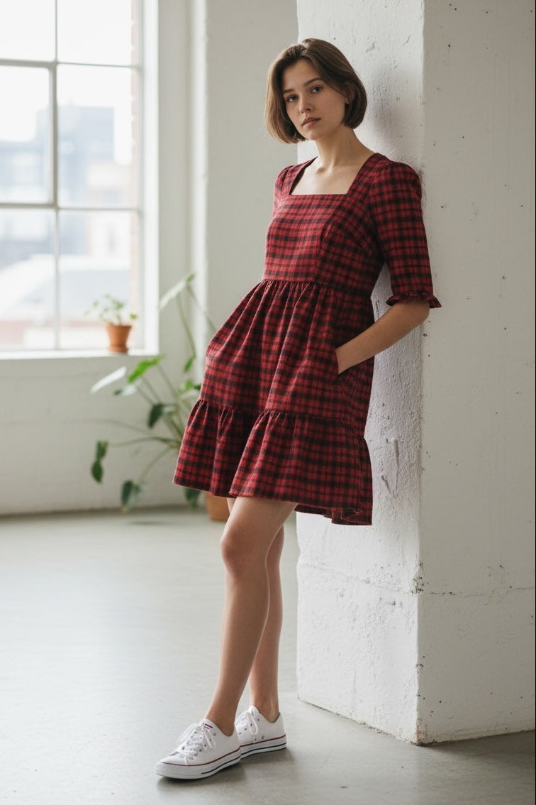 Sassa Winter Gingham Tiered Mini Dress in Red and Black - Front