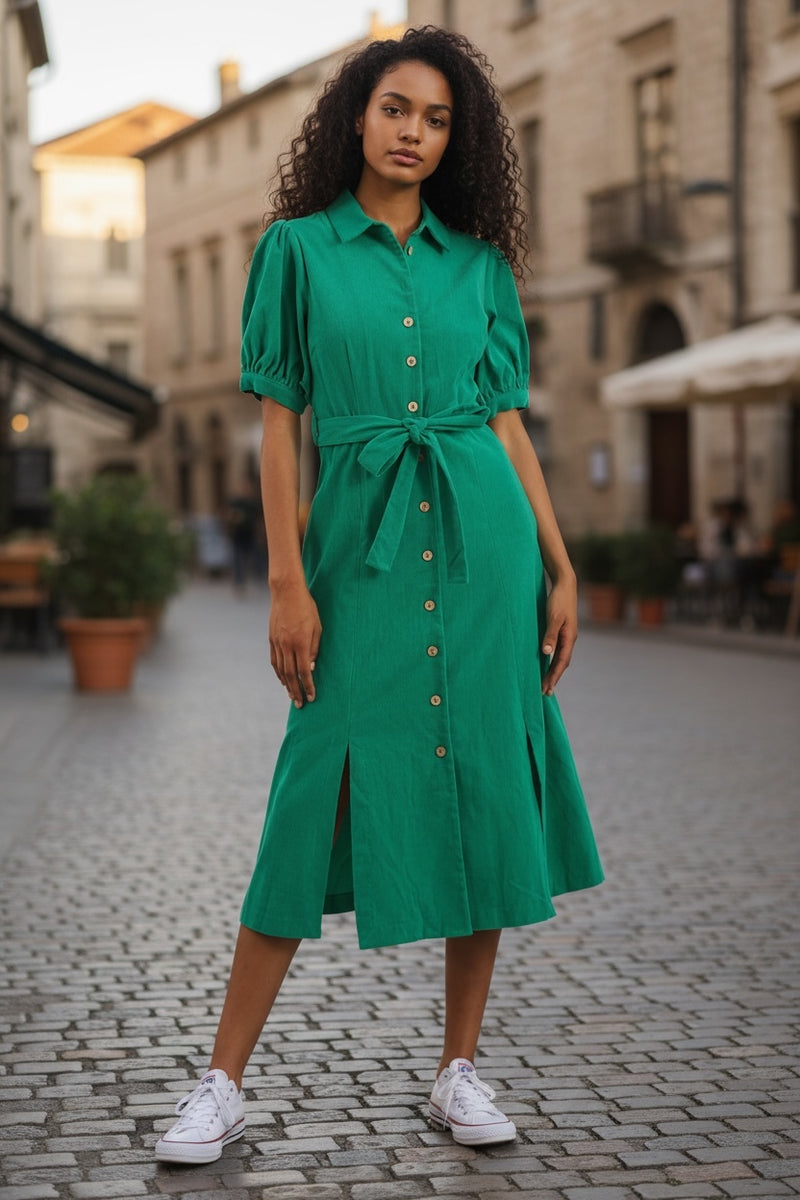 Mollie Baby Cord Puff Sleeve Midi Dress - Front