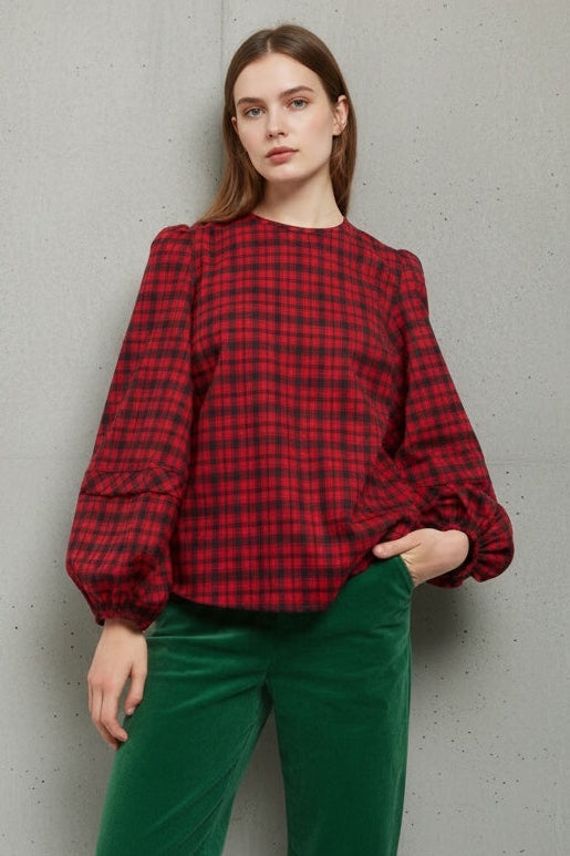 Rivka Winter Gingham Long Sleeve Blouse in Red and Black - Front