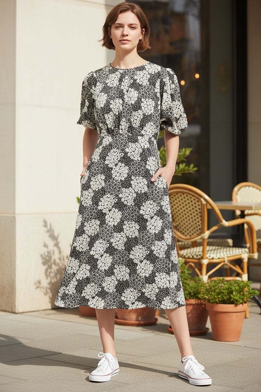 Leonore Flower Patch Balloon Sleeve Midi Dress & White