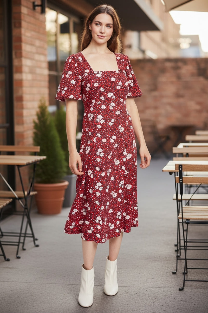 Louche Nadine Roaring Daisy Print Square Neck Balloon Sleeve Midi Dress Red - Front