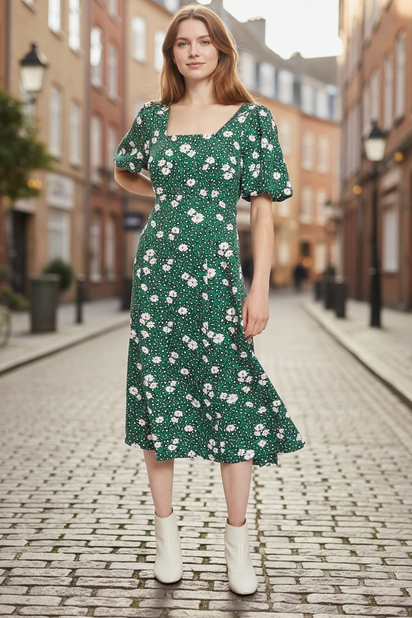 Nadine Roaring Daisy Print Square Neck Balloon Sleeve Midi Dress