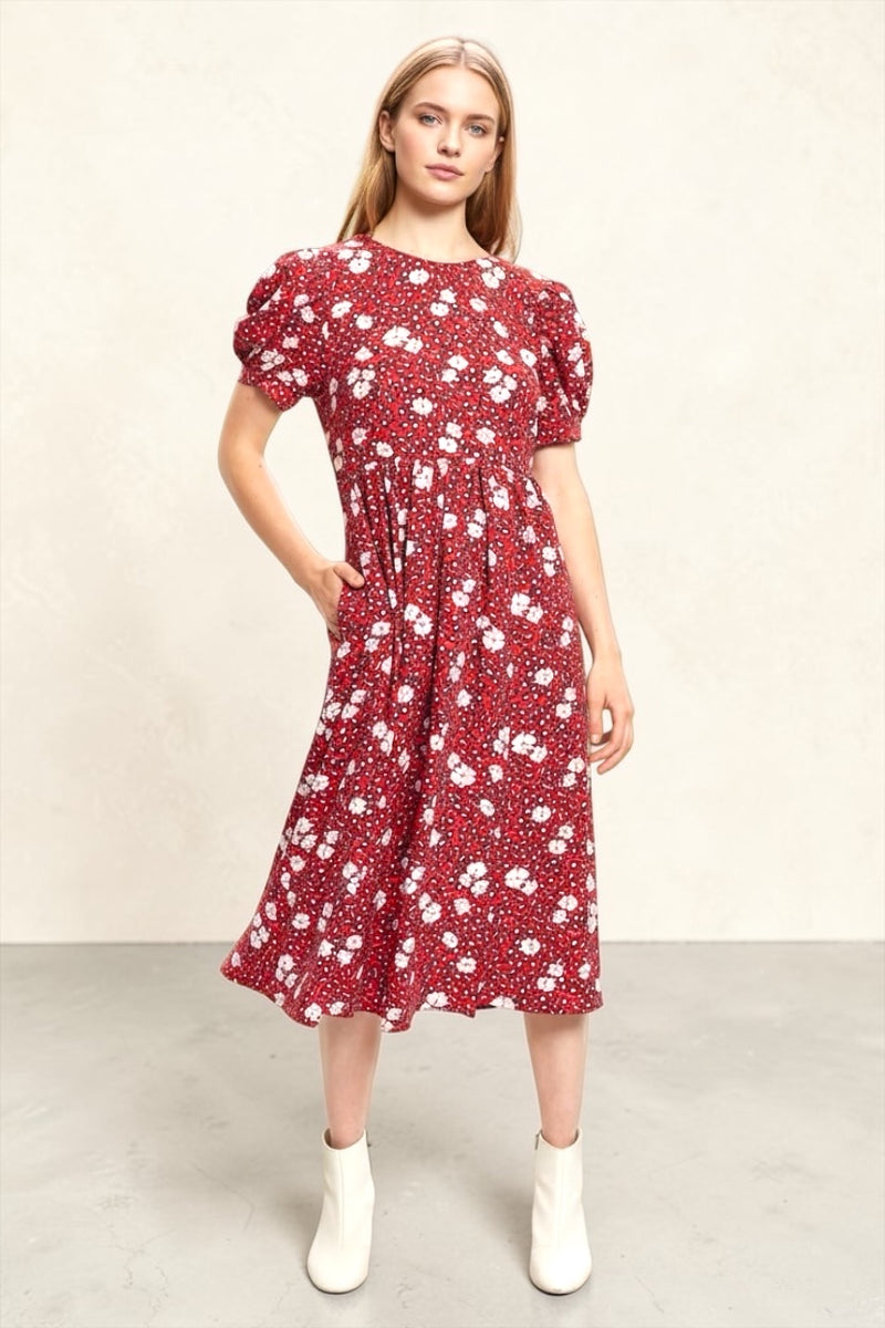 Louche Stasia Roaring Daisy Print V Back Puff Sleeve Midi Dress Red - Front