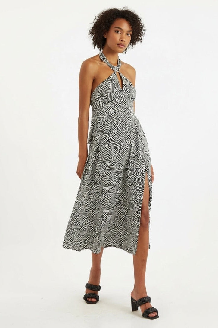 Geri 60s Patchwork Halter neck Midi Dress Louche Geri 60s Patchwork Halter neck Midi Dress Louche