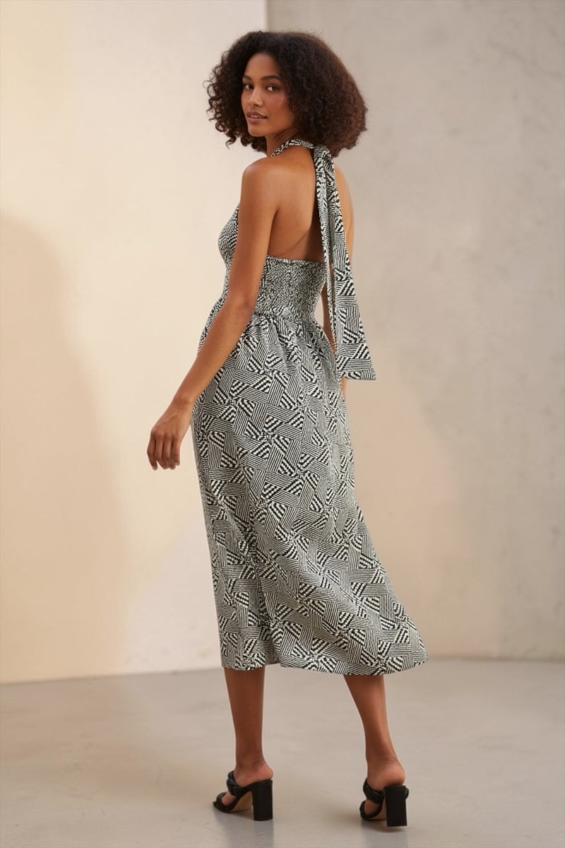Geri 60s Patchwork Halter neck Midi Dress - Back