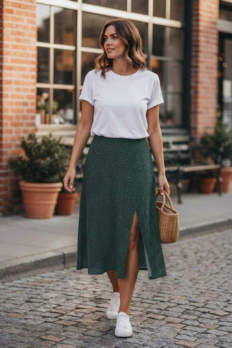 Kiyo Dark Green Dot Midi skirt - Front