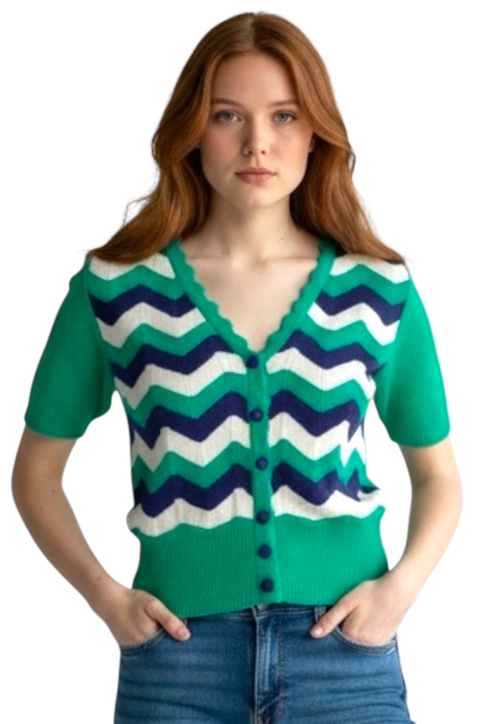 Jeanie Zig Zag Stripe Short Sleeve Cardigan