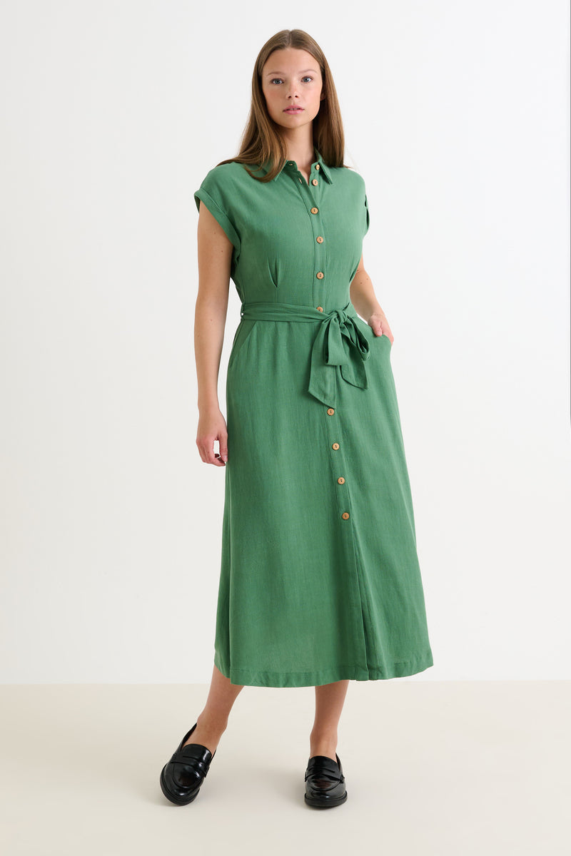 Reese Linen Mix Button Through Midi Shirt Dress - Green - Front