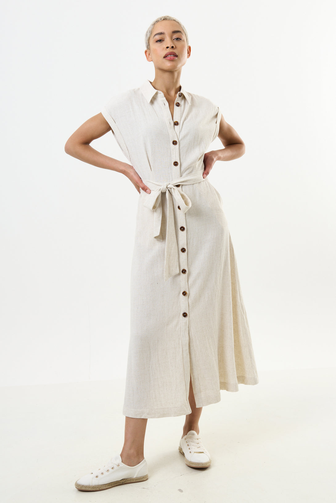 Reese Linen Mix Button Through Midi Shirt Dress - Natural Louche Reese Linen Mix Button Through Midi Shirt Dress - Natural Louche