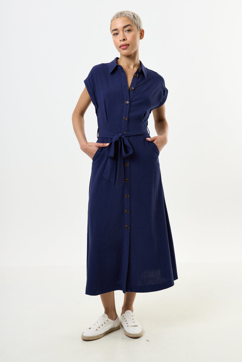 Reese Linen Mix Button Through Midi Shirt Dress - Navy - Front
