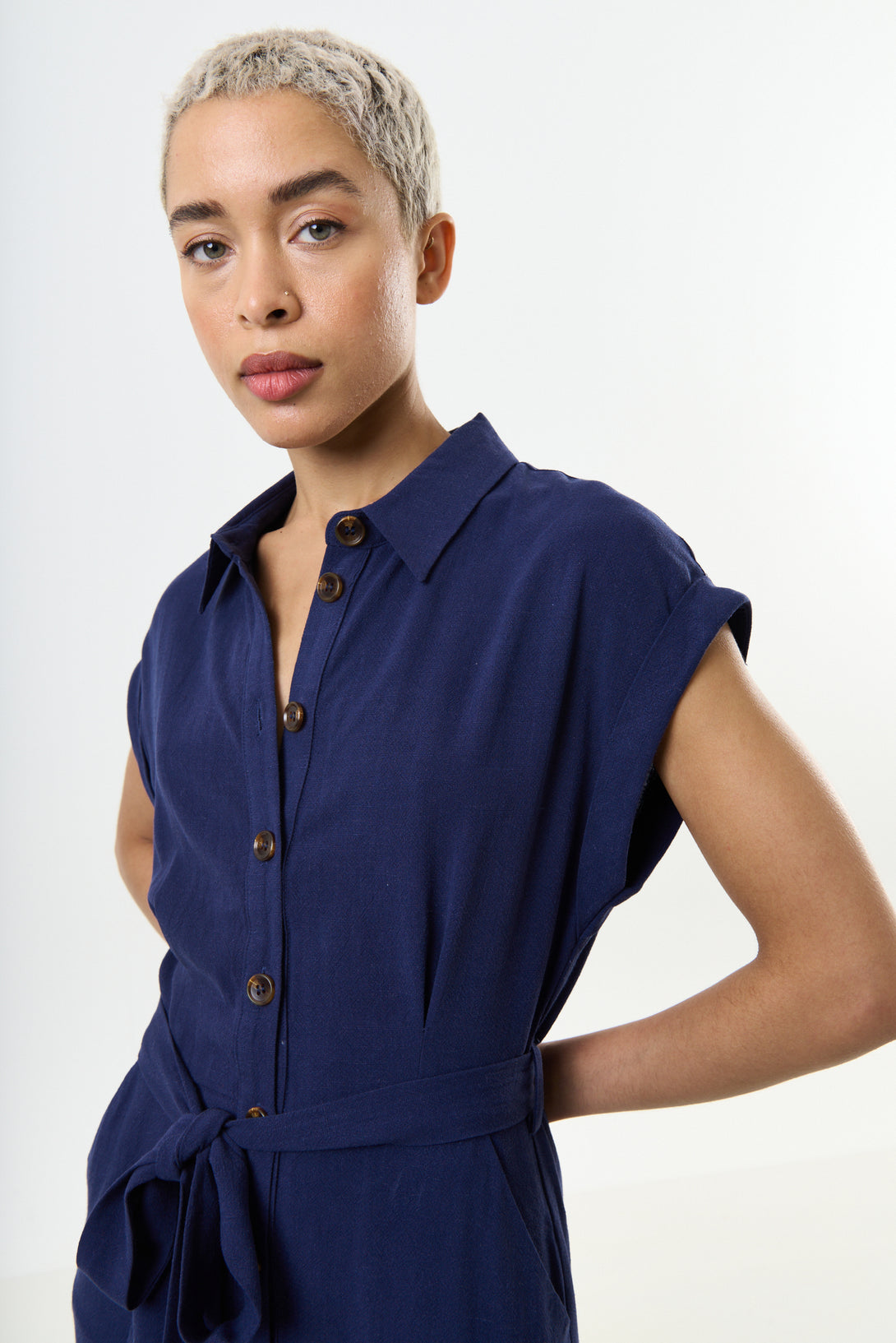 Reese Linen Mix Button Through Midi Shirt Dress - Navy Louche Reese Linen Mix Button Through Midi Shirt Dress - Navy Louche