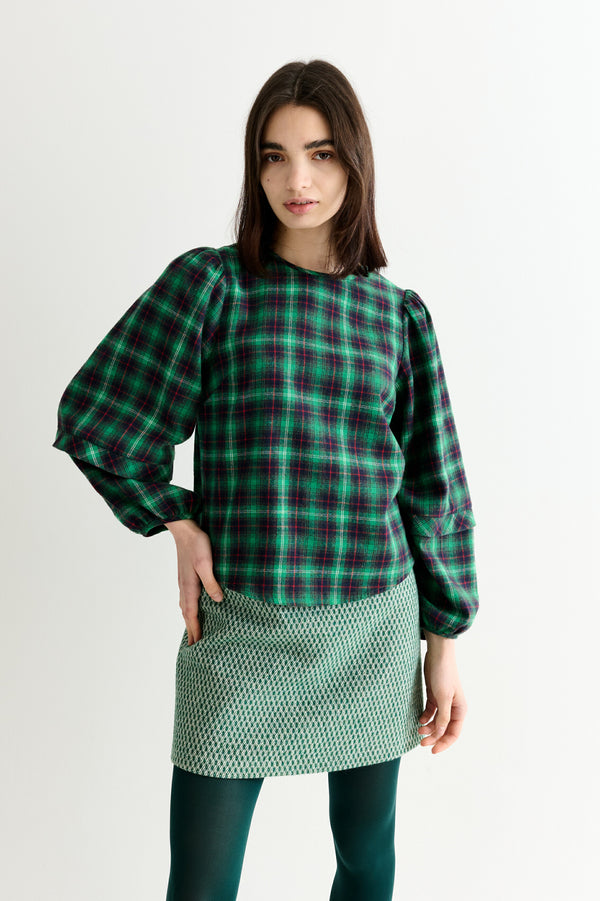 Rivka Winter Check Pleat Long Sleeve Blouse - Green