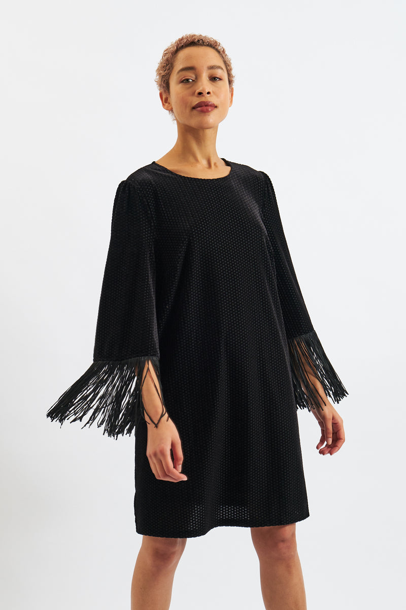 Rosamee Fringe Trim Sleeve Mini Dress in Black - Front