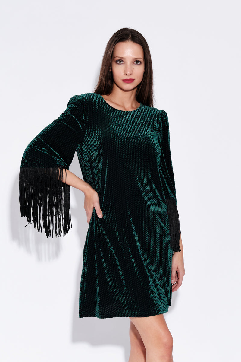 Rosamee Fringe Trim Sleeve Mini Dress in Green - Front