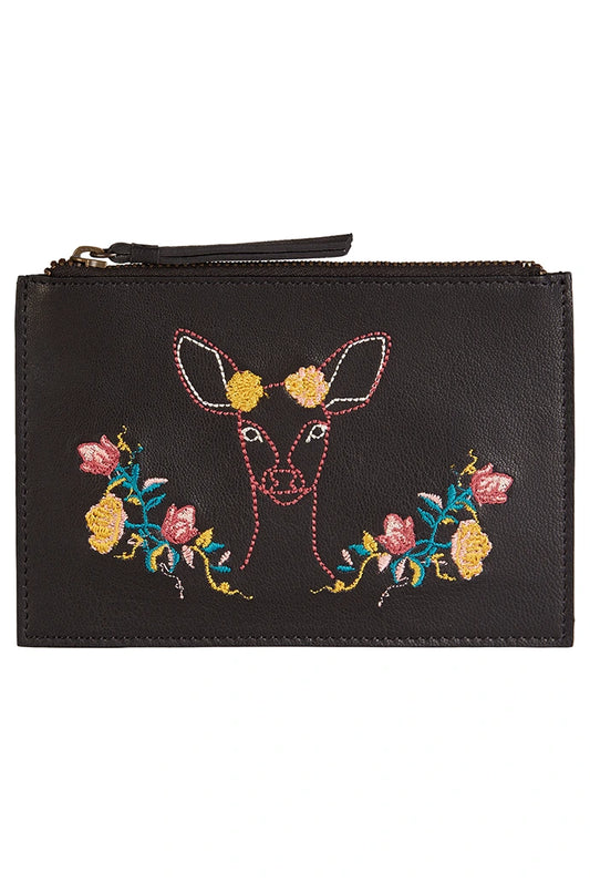 Remi Embroidered Black Leather Coin Purse