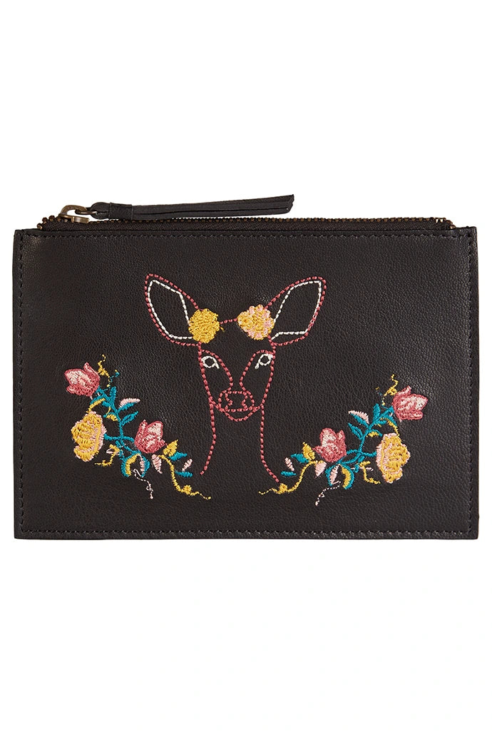 Remi Embroidered Black Leather Coin Purse - Front