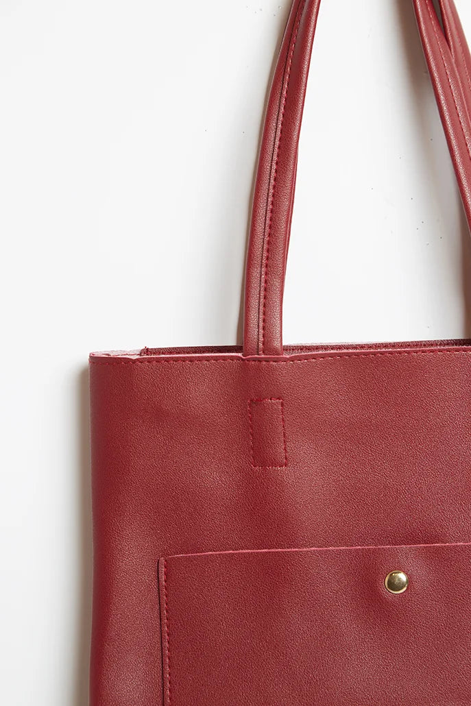 Daily Tote Bag With Shoulder Length Handles & Outside Pocket - Red, Medium (18"W X 12"H X 4.5"D)